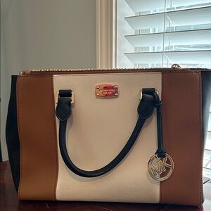 Michael Kors Brown, White, and Black Satchel